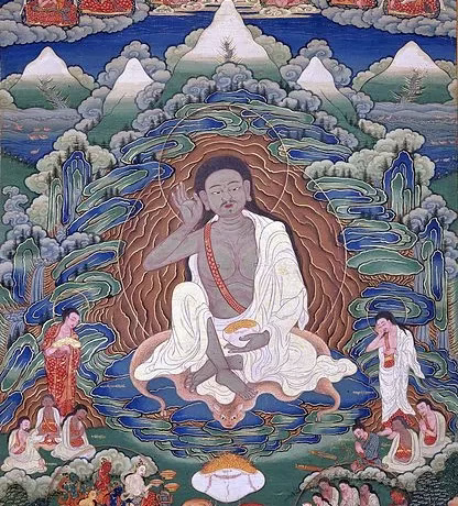 Ink positive: how tattoos can heal the mind as well as adorn the body Traditional Tibetan thangka painting depicting Milarepa, the famous yogi and poet, surrounded by mountainous landscapes and spiritual iconography.