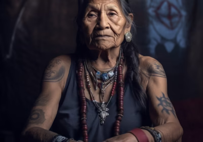 Elderly Indigenous woman with traditional tattoos and jewelry, displaying cultural heritage and personal stories through her ink.