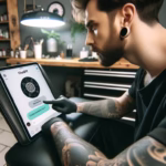 A tattoo artist in a studio focusing on an iPad screen displaying the ChatGPT interface, with no tools in hand, emphasizing the use of AI in tattoo design planning.