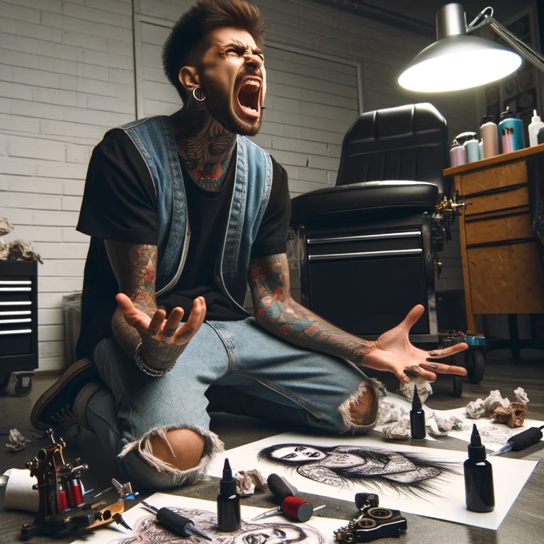 An illustration of a tattoo artist in his studio, captured in a moment of extreme frustration. He is vigorously throwing his hands in the air, his face contorted with anger and stress. The studio is in disarray, with a fallen tattoo machine, scattered ink bottles, and crumpled sketches adding to the chaotic scene. The artist, in casual attire, has his tattoos prominently displayed, enhancing the portrayal of his agitated state. The lighting is stark, further emphasizing the dramatic and tense atmosphere of the studio.