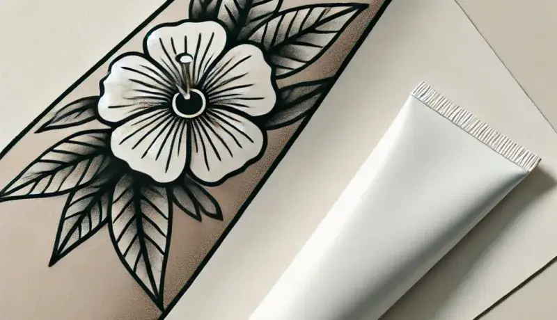 Tatouage : Que faire après ? A close-up of an arm with a traditional flower tattoo, partially covered by a clean white bandage. Beside the arm, a tube of healing ointment is placed on a smooth, plain surface, emphasizing tattoo aftercare essentials.