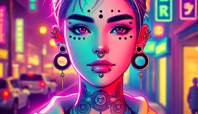 Portrait numérique vibrant d’une jeune adulte tendance présentant des piercings modernes aux oreilles, au sourcil et à la langue dans une rue urbaine éclairée de néons colorés.